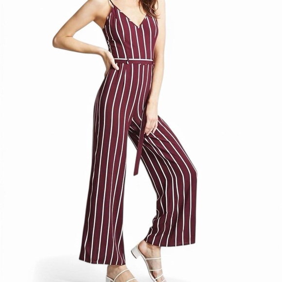 Forever 21 Size M Wide Leg Jumpsuit | Burgundy & White Stripes | 100% Rayon | - Picture 1 of 7